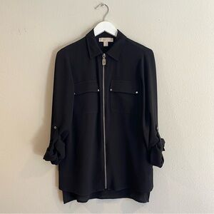 Michael Kors Black Zip Front Utility Shirt Jacket Roll Tab Sleeve Small